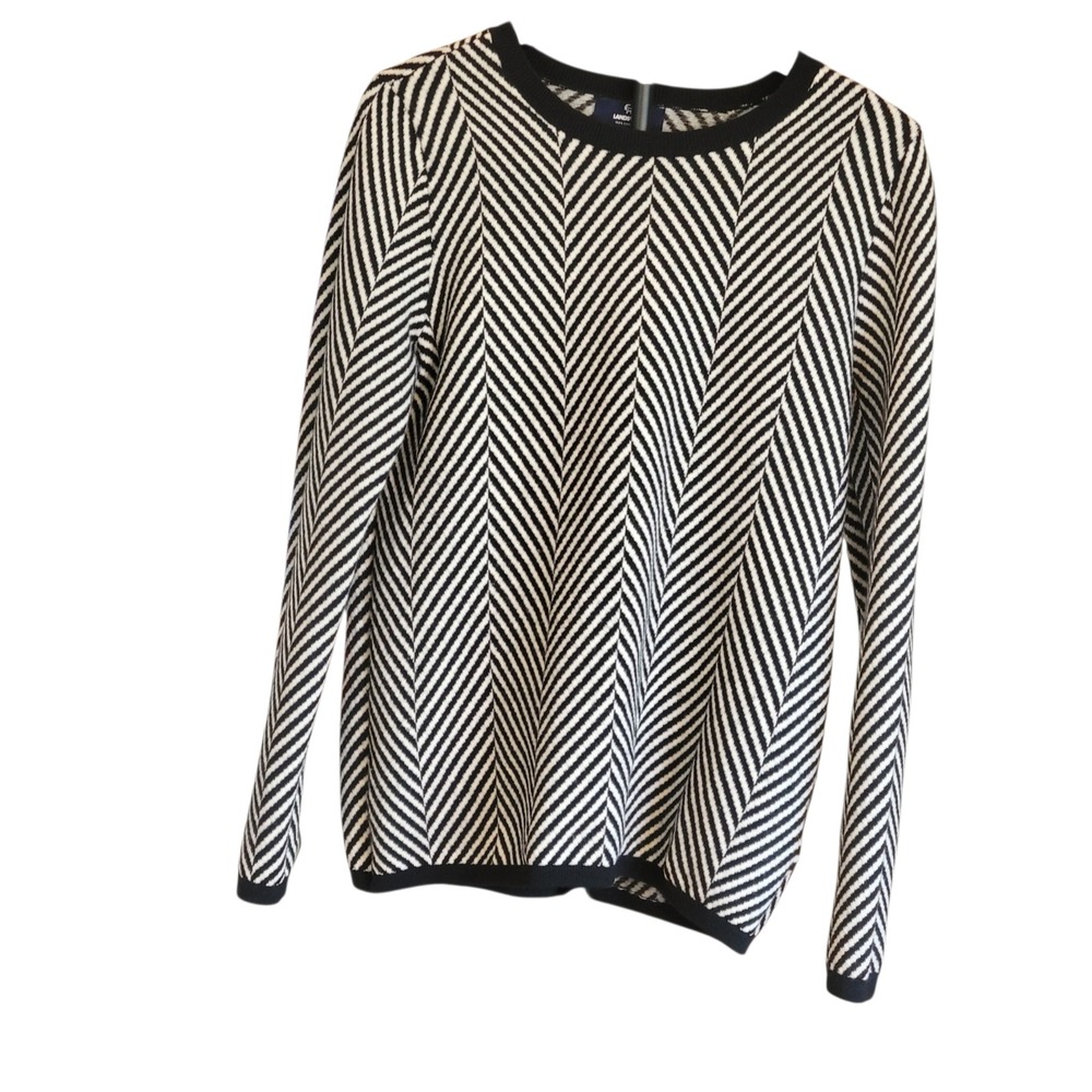 Lands End Womens Cashmere Sweater Size Medium Tall Cheveron Stripe Black White